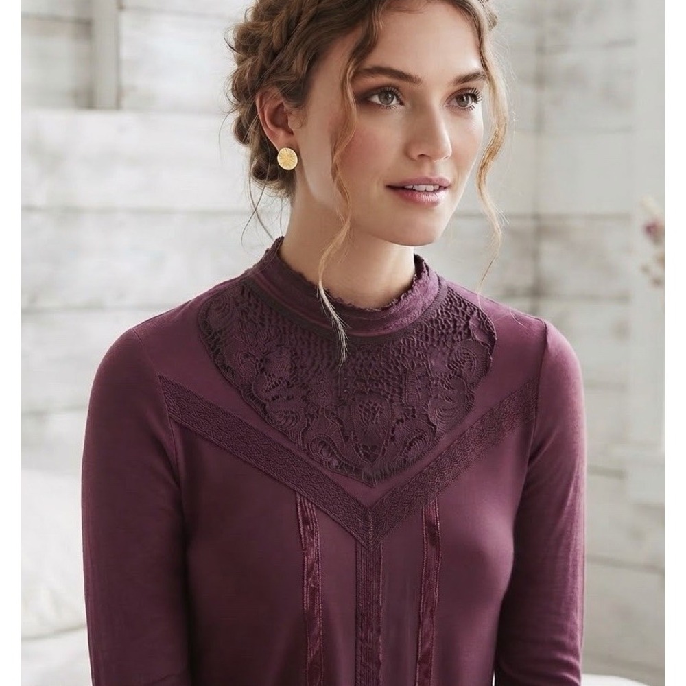 Free People Top Womens Victorian Lace High Neck Blouse Sz XS Bordeaux Romantic